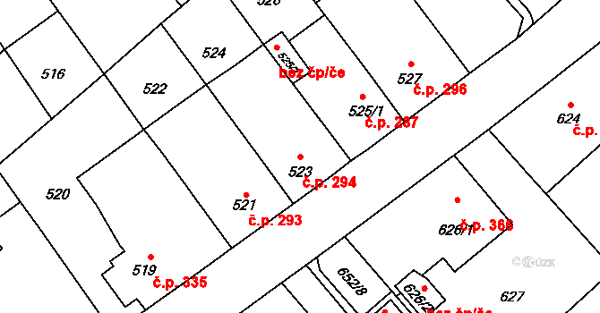 Měřín 294 na parcele st. 523 v KÚ Měřín, Katastrální mapa