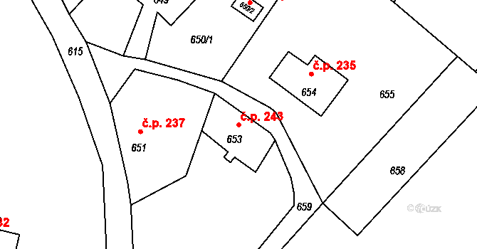 Chřibská 243 na parcele st. 653 v KÚ Chřibská, Katastrální mapa