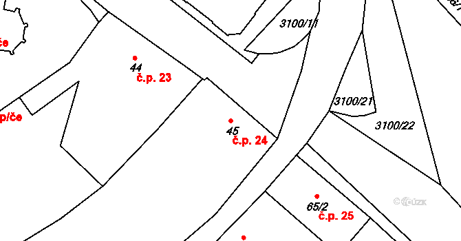 Měčín 24 na parcele st. 45 v KÚ Měčín, Katastrální mapa