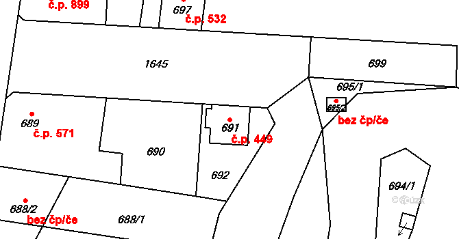 Hronov 449 na parcele st. 691 v KÚ Hronov, Katastrální mapa