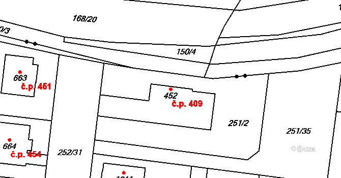 Rosice 409, Pardubice na parcele st. 452 v KÚ Rosice nad Labem, Katastrální mapa