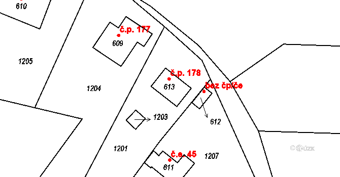 Modřišice 178 na parcele st. 613 v KÚ Modřišice, Katastrální mapa
