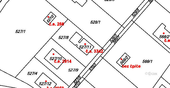 Doudlevce 3342, Plzeň na parcele st. 527/11 v KÚ Doudlevce, Katastrální mapa