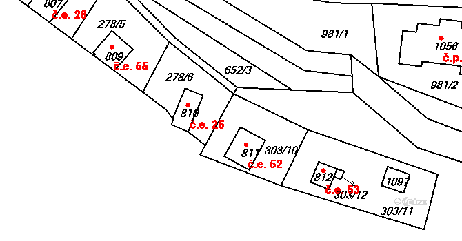 Měchenice 52 na parcele st. 811 v KÚ Měchenice, Katastrální mapa