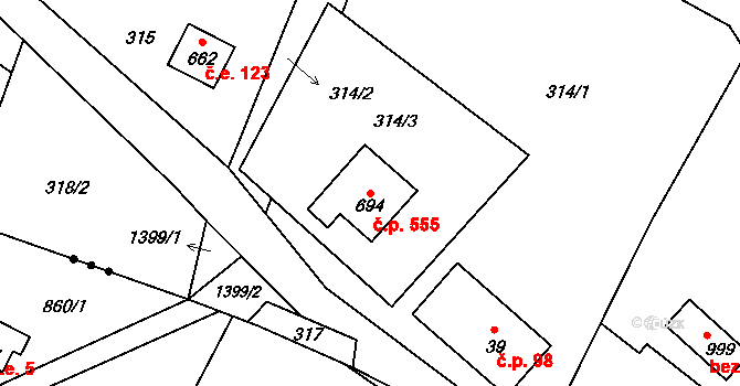 Raškovice 555 na parcele st. 694 v KÚ Raškovice, Katastrální mapa