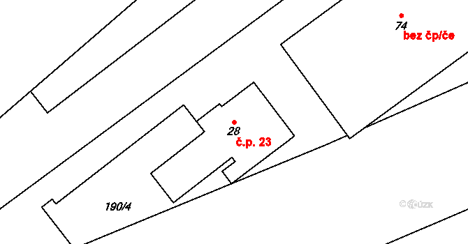 Kuchař 23, Vysoký Újezd na parcele st. 28 v KÚ Kuchař, Katastrální mapa