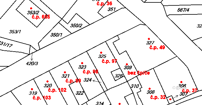 Proboštov 97 na parcele st. 325 v KÚ Proboštov u Teplic, Katastrální mapa