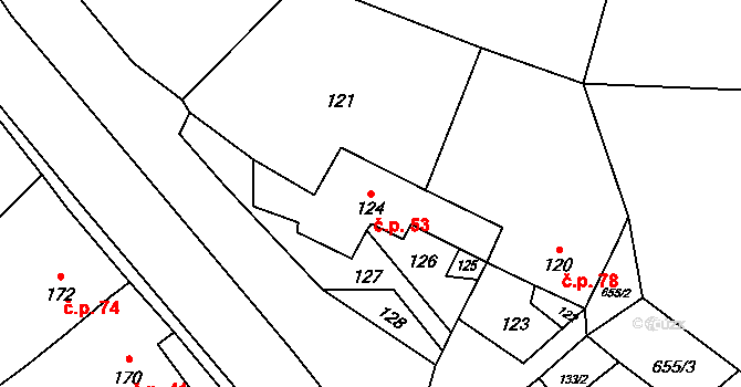 Valchov 53 na parcele st. 124 v KÚ Valchov, Katastrální mapa