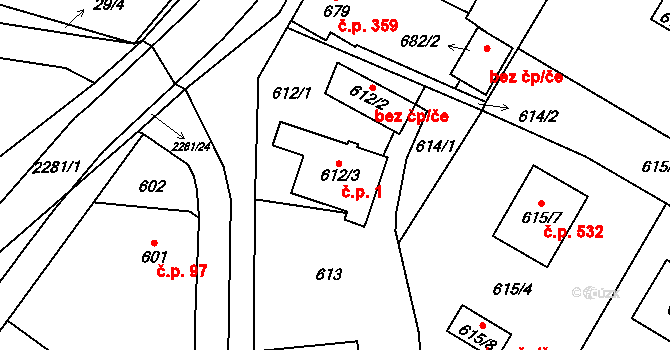 Suchdol nad Lužnicí 1 na parcele st. 612/3 v KÚ Suchdol nad Lužnicí, Katastrální mapa