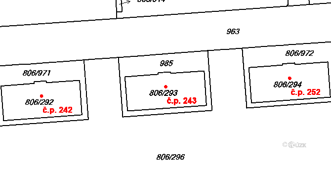 Malešice 243, Praha na parcele st. 806/293 v KÚ Malešice, Katastrální mapa