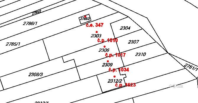 Šlapanice 1017 na parcele st. 2306 v KÚ Šlapanice u Brna, Katastrální mapa