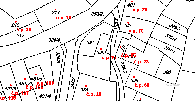 Ostrovačice 27 na parcele st. 390 v KÚ Ostrovačice, Katastrální mapa