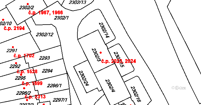 Východní Předměstí 2023,2024, Plzeň na parcele st. 2302/3 v KÚ Plzeň, Katastrální mapa