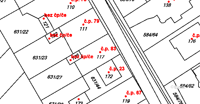 Říčky 83 na parcele st. 117 v KÚ Říčky u Brna, Katastrální mapa