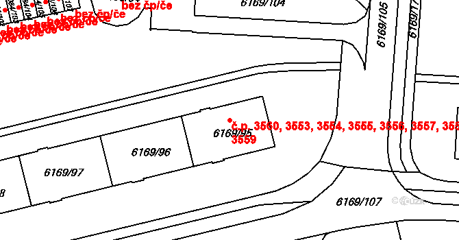 Prostějov 3553,3554,3555,3556, na parcele st. 6169/95 v KÚ Prostějov, Katastrální mapa