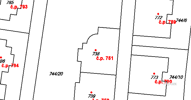 Jesenice 751 na parcele st. 738 v KÚ Jesenice u Prahy, Katastrální mapa