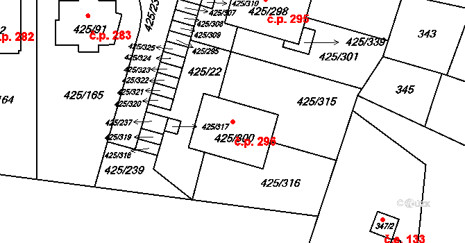 Kanice 296 na parcele st. 425/300 v KÚ Kanice, Katastrální mapa