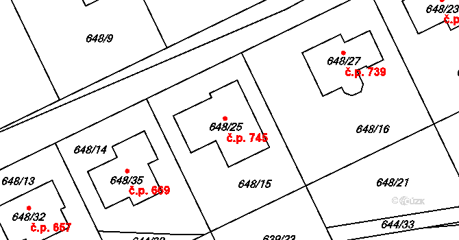 Lipence 745, Praha na parcele st. 648/25 v KÚ Lipence, Katastrální mapa