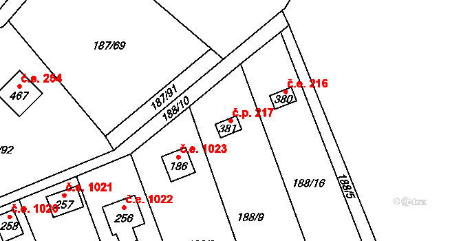 Ledečko 217 na parcele st. 381 v KÚ Ledečko, Katastrální mapa