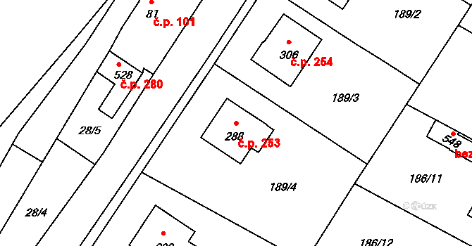 Sedlec 253, Sedlec-Prčice na parcele st. 288 v KÚ Sedlec u Votic, Katastrální mapa
