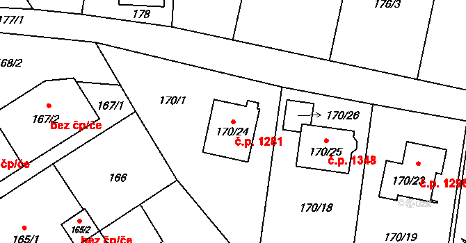 Radvanice 1281, Ostrava na parcele st. 170/24 v KÚ Radvanice, Katastrální mapa