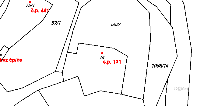 Hrochův Týnec 131 na parcele st. 74 v KÚ Hrochův Týnec, Katastrální mapa