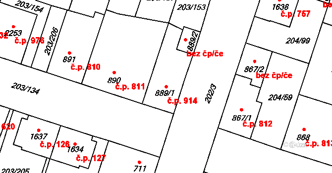 Přeštice 914 na parcele st. 889/1 v KÚ Přeštice, Katastrální mapa