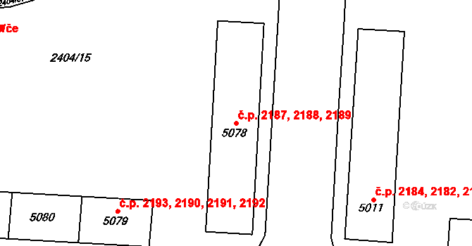 Zelené Předměstí 2187,2188,2189, Pardubice na parcele st. 5078 v KÚ Pardubice, Katastrální mapa
