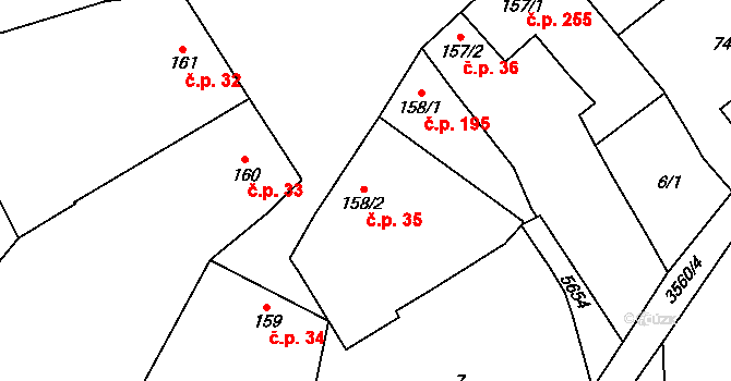 Lysice 35 na parcele st. 158/2 v KÚ Lysice, Katastrální mapa
