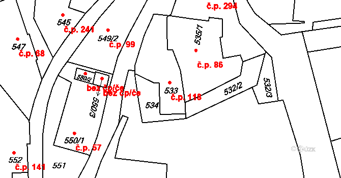Olomučany 118 na parcele st. 533 v KÚ Olomučany, Katastrální mapa