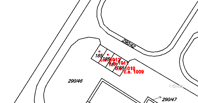 Hrušovany 1012 na parcele st. 185 v KÚ Hrušovany u Chomutova, Katastrální mapa