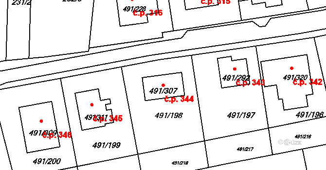 Kanice 344 na parcele st. 491/307 v KÚ Kanice, Katastrální mapa