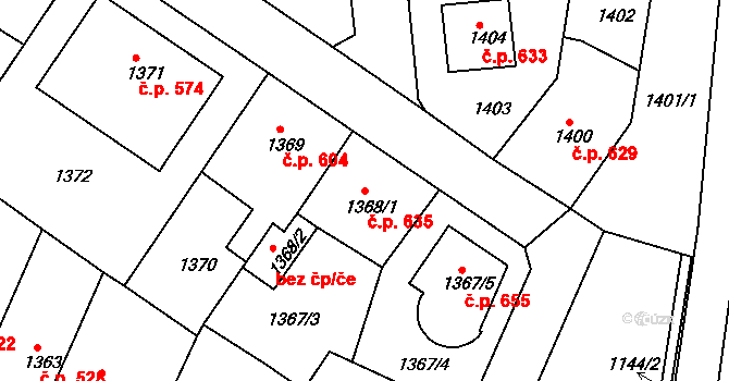 Chabařovice 635 na parcele st. 1368/1 v KÚ Chabařovice, Katastrální mapa