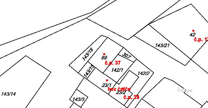 Chuchel 37, Jeřišno na parcele st. 69 v KÚ Chuchel, Katastrální mapa