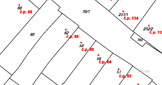 Perná 85 na parcele st. 58 v KÚ Perná, Katastrální mapa