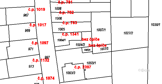 Brno 104443588 na parcele st. 1004/2 v KÚ Líšeň, Katastrální mapa