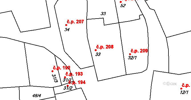 Zápy 208 na parcele st. 33 v KÚ Stránka u Brandýsa nad Labem, Katastrální mapa
