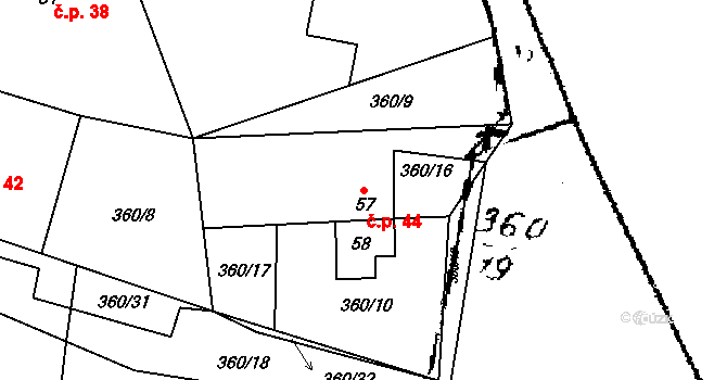 Měšín 44 na parcele st. 57 v KÚ Měšín, Katastrální mapa