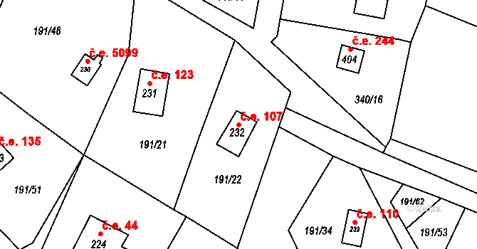 Doubravčice 107 na parcele st. 232 v KÚ Doubravčice, Katastrální mapa