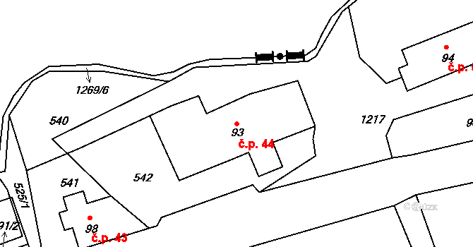 Oldřichov na Hranicích 44, Hrádek nad Nisou na parcele st. 93 v KÚ Oldřichov na Hranicích, Katastrální mapa