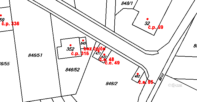 Lomnice 48 na parcele st. 421 v KÚ Lomnice u Tišnova, Katastrální mapa