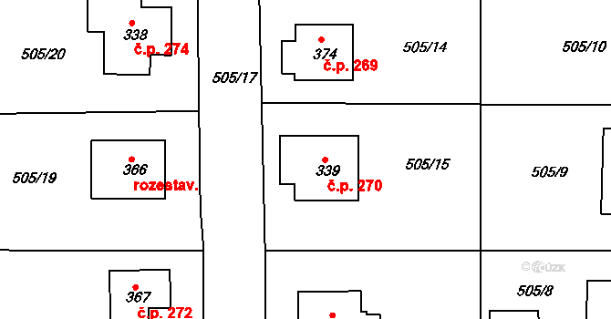 Broumy 270 na parcele st. 339 v KÚ Broumy, Katastrální mapa