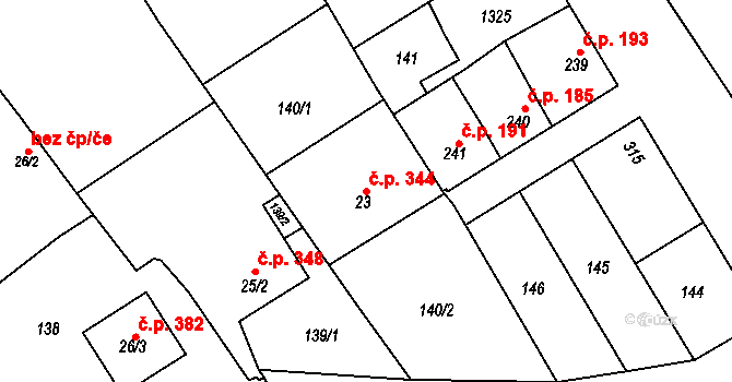 Senice na Hané 344 na parcele st. 23 v KÚ Senice na Hané, Katastrální mapa