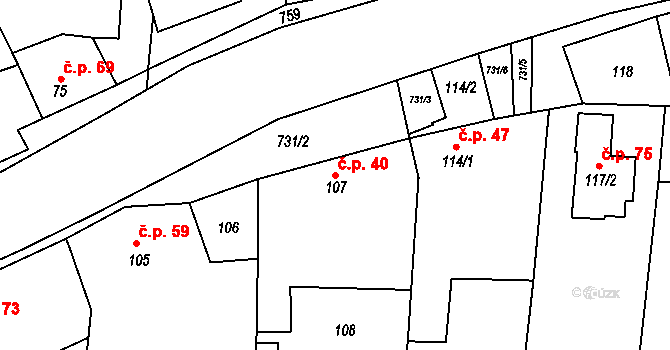 Olbramice 40 na parcele st. 107 v KÚ Olbramice u Vilémova, Katastrální mapa