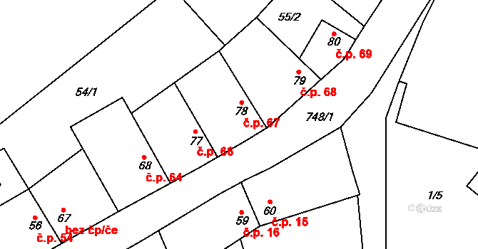 Podmoky 67 na parcele st. 78 v KÚ Podmoky u Městce Králové, Katastrální mapa