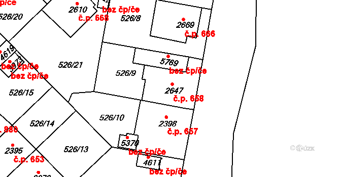 Borovina 658, Třebíč na parcele st. 2647 v KÚ Třebíč, Katastrální mapa