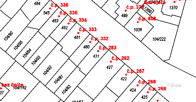 Podklášteří 283, Třebíč na parcele st. 431 v KÚ Podklášteří, Katastrální mapa