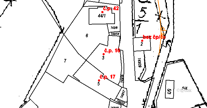 Vrážné 16 na parcele st. 3 v KÚ Vrážné, Katastrální mapa