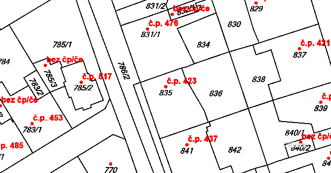 Dubeč 423, Praha na parcele st. 835 v KÚ Dubeč, Katastrální mapa