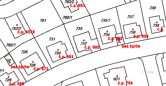 Radotín 692, Praha na parcele st. 732 v KÚ Radotín, Katastrální mapa